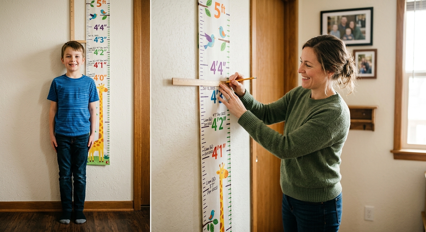 Mama mierzy wzrost syna przy kolorowej tablicy pomiarowej
