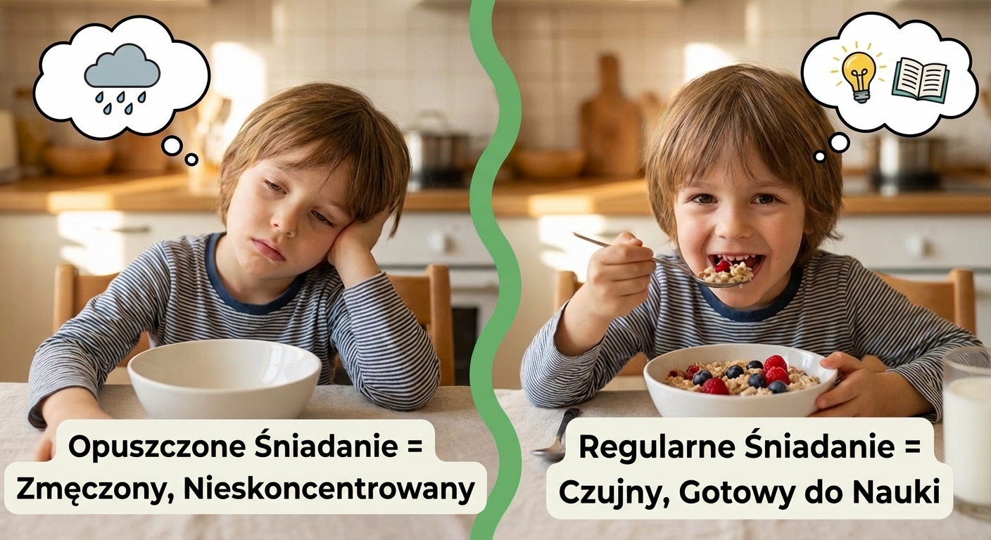 Dziecko zmęczone bez śniadania vs. uśmiechnięte dziecko po zdrowym śniadaniu