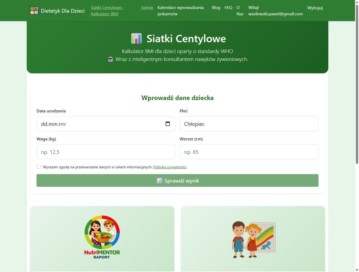 Formularz siatek centylowych – wprowadź dane dziecka